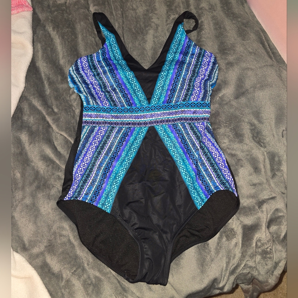 MIRACLE BRANDS (Size L) Womens Blue and Black One Piece Swimsuit